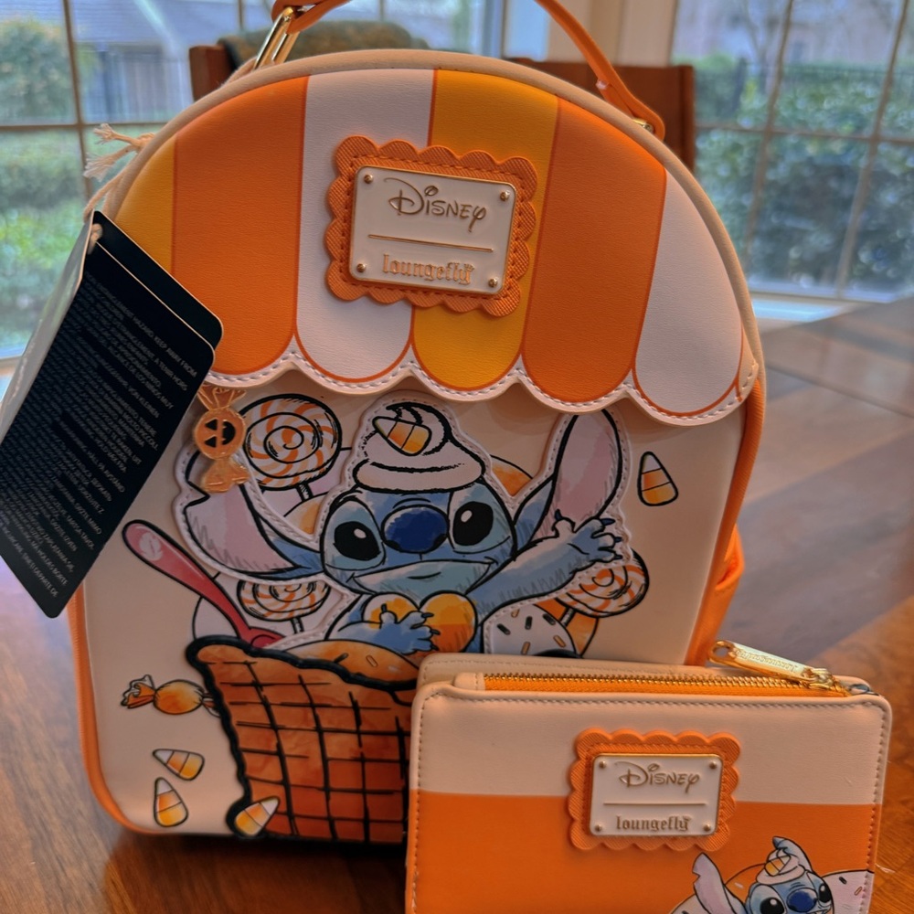 Loungefly Orange and White Stitch Kids Backpack and Wallet